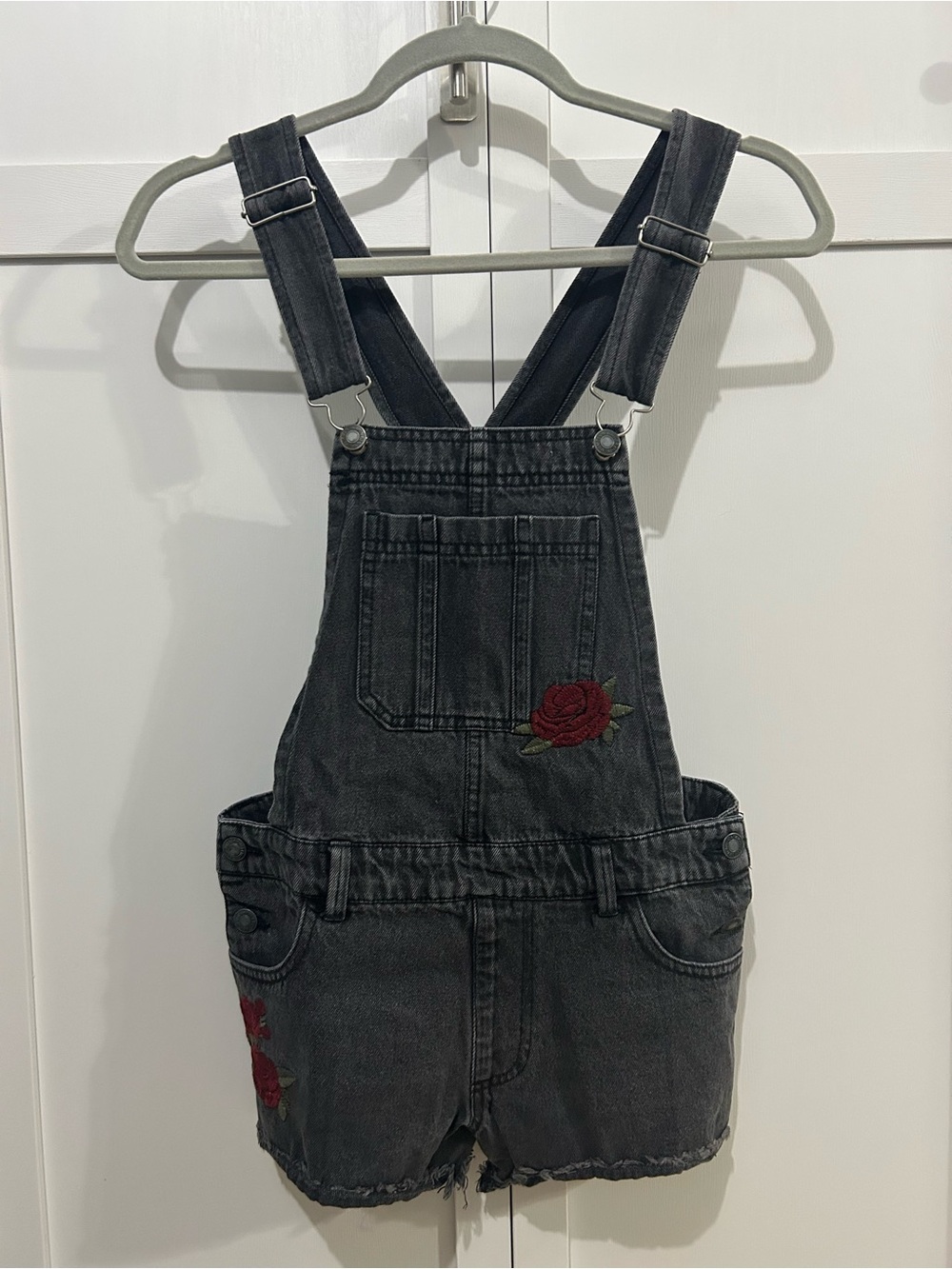 Forever 21 Black Denim Overall Short Embroidered Red Roses